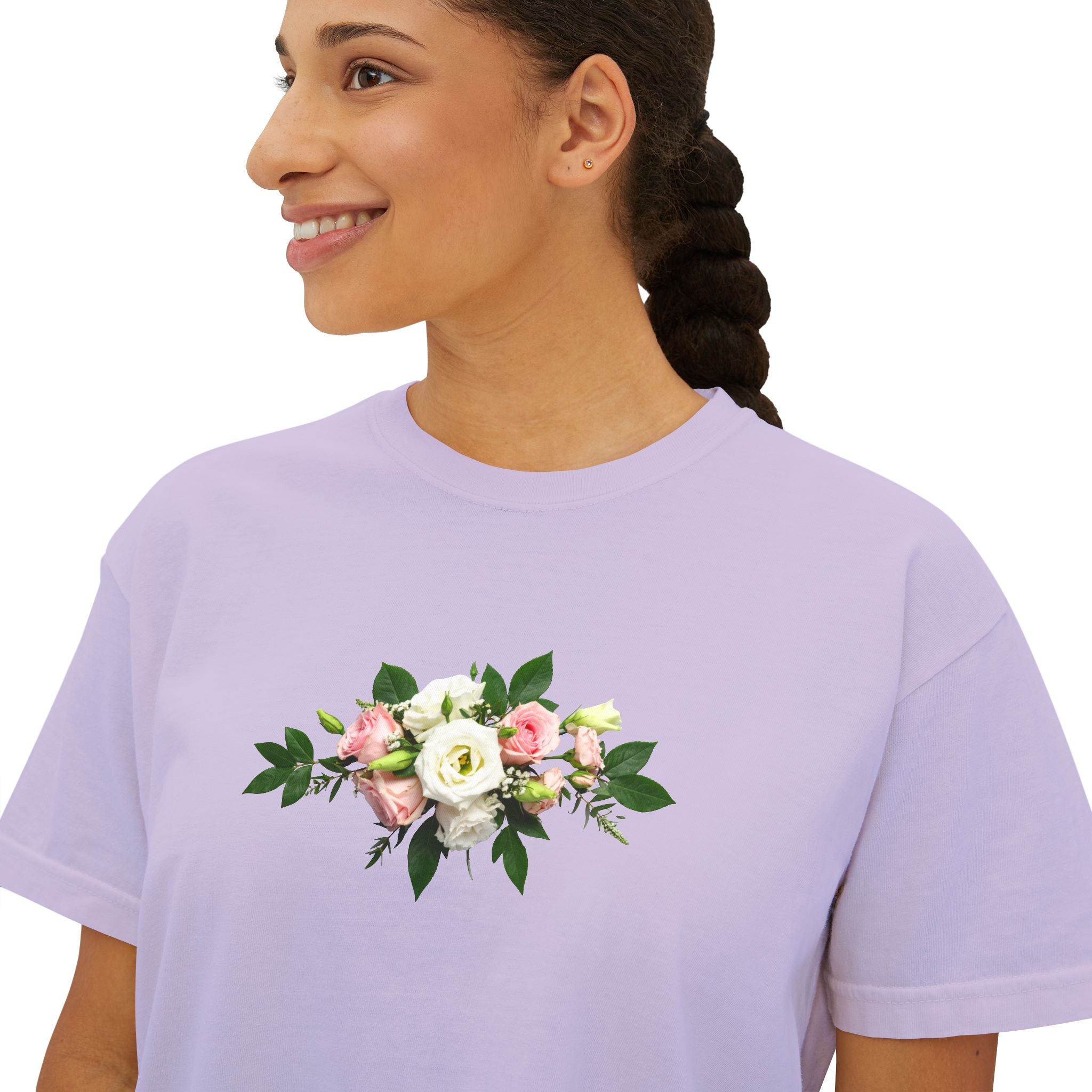 Floral Bouquet Women's Boxy Tee — Cropped White T-Shirt with Pink Rose Design