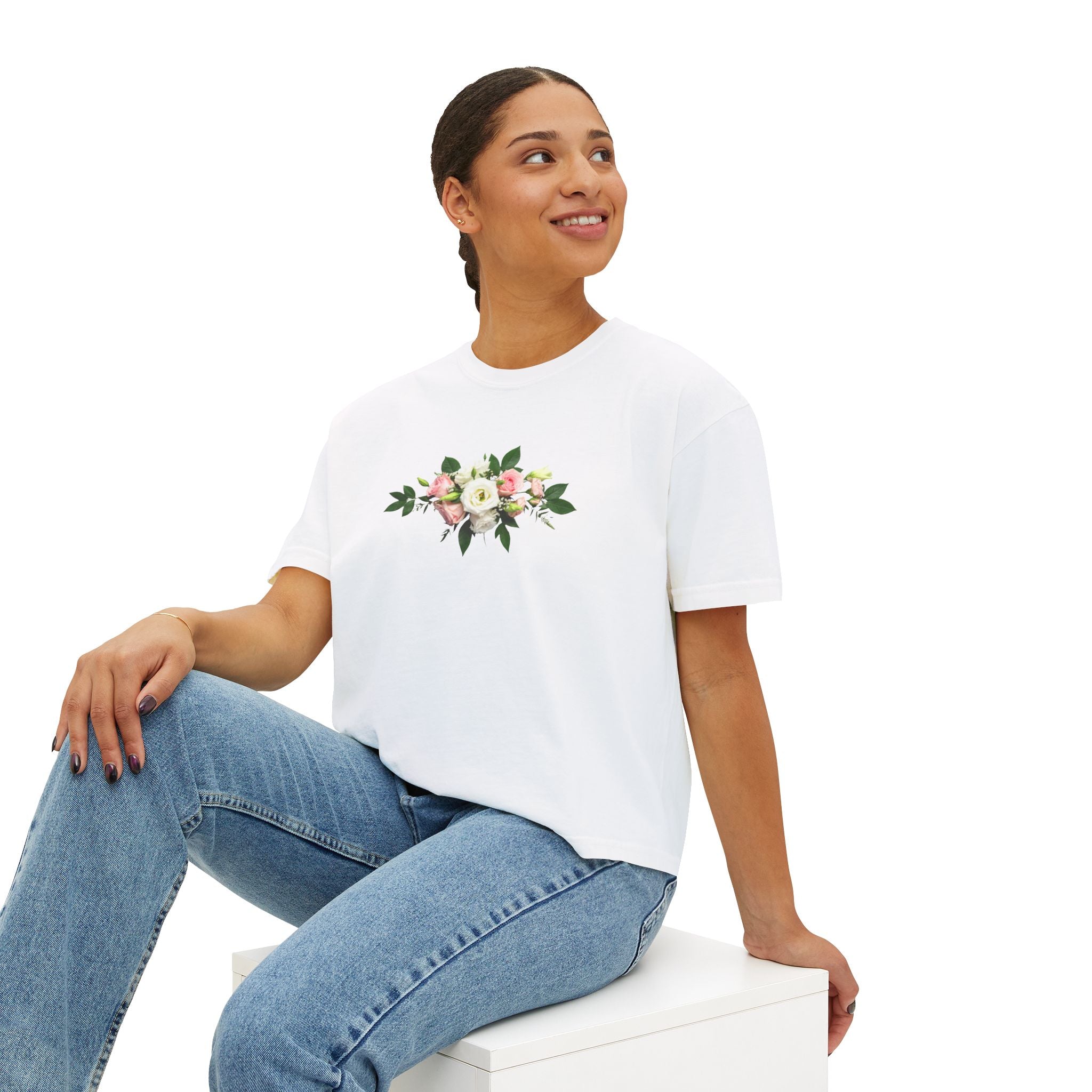 Floral Bouquet Women's Boxy Tee — Cropped White T-Shirt with Pink Rose Design
