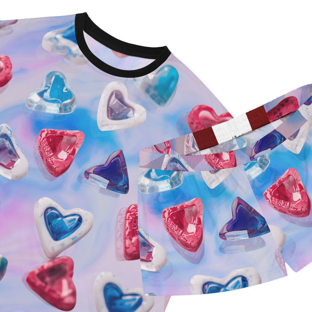 Women’s Heart Print Short Pajama Set — Pink & Blue All-Over Sleepwear