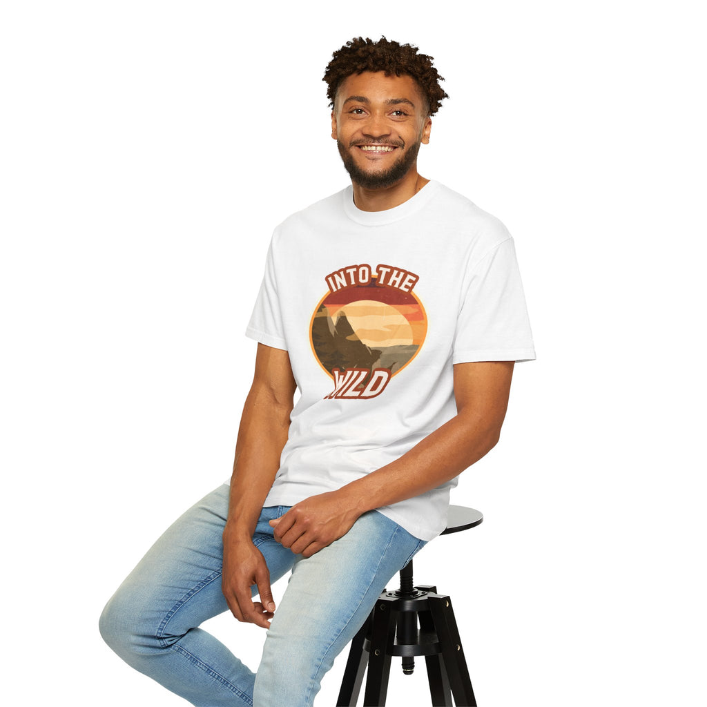 Into The Wild T-Shirt — Retro Sunset Mountain Adventure Tee