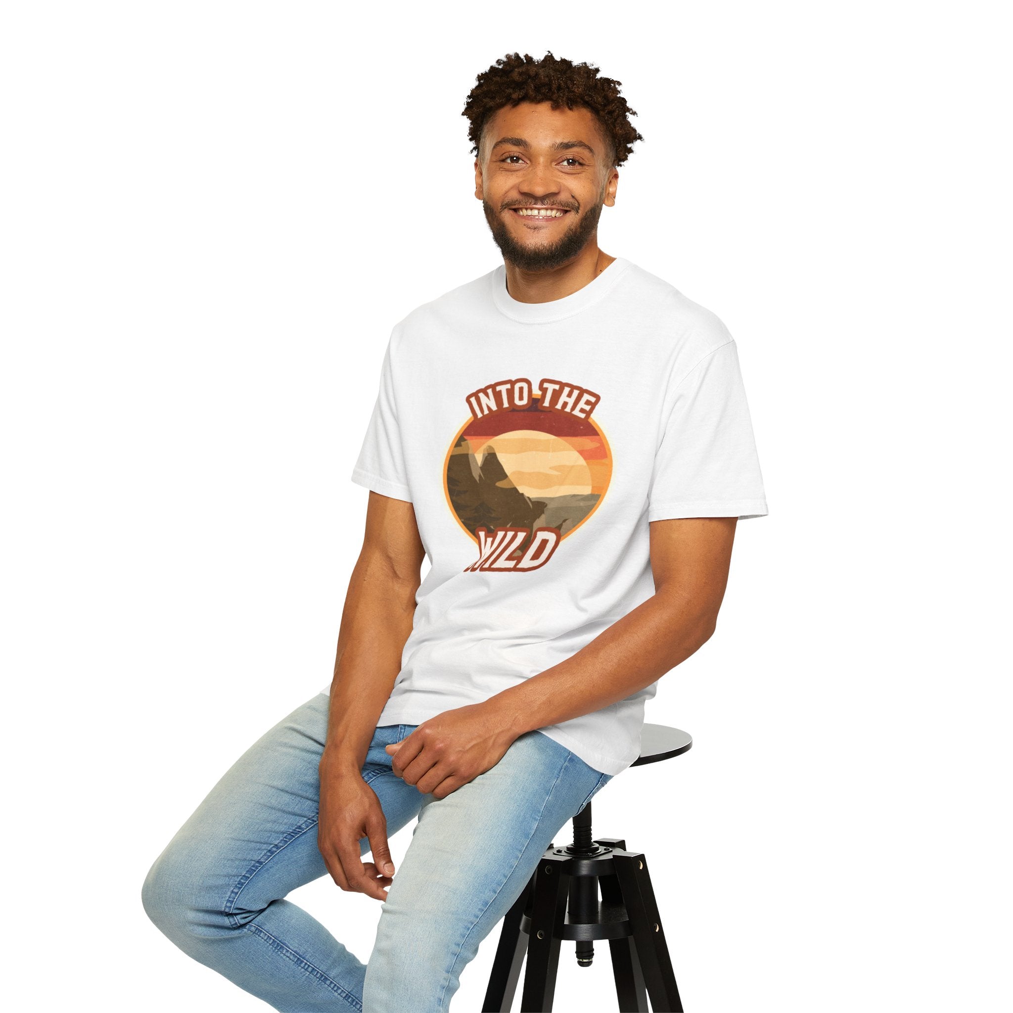 Into The Wild T-Shirt — Retro Sunset Mountain Adventure Tee