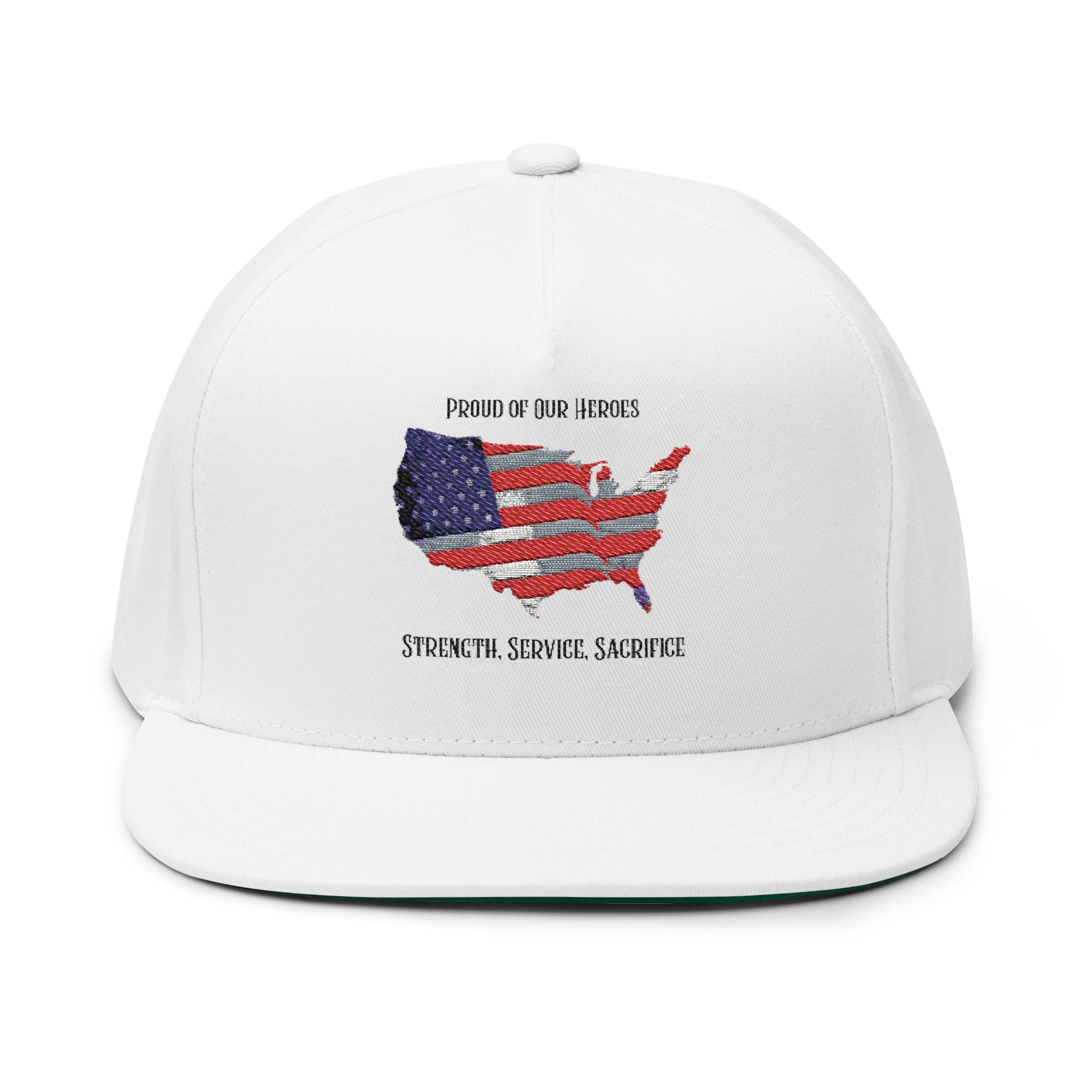 Embroidered USA Flag Map Flat Bill Cap — Strength Service Sacrifice