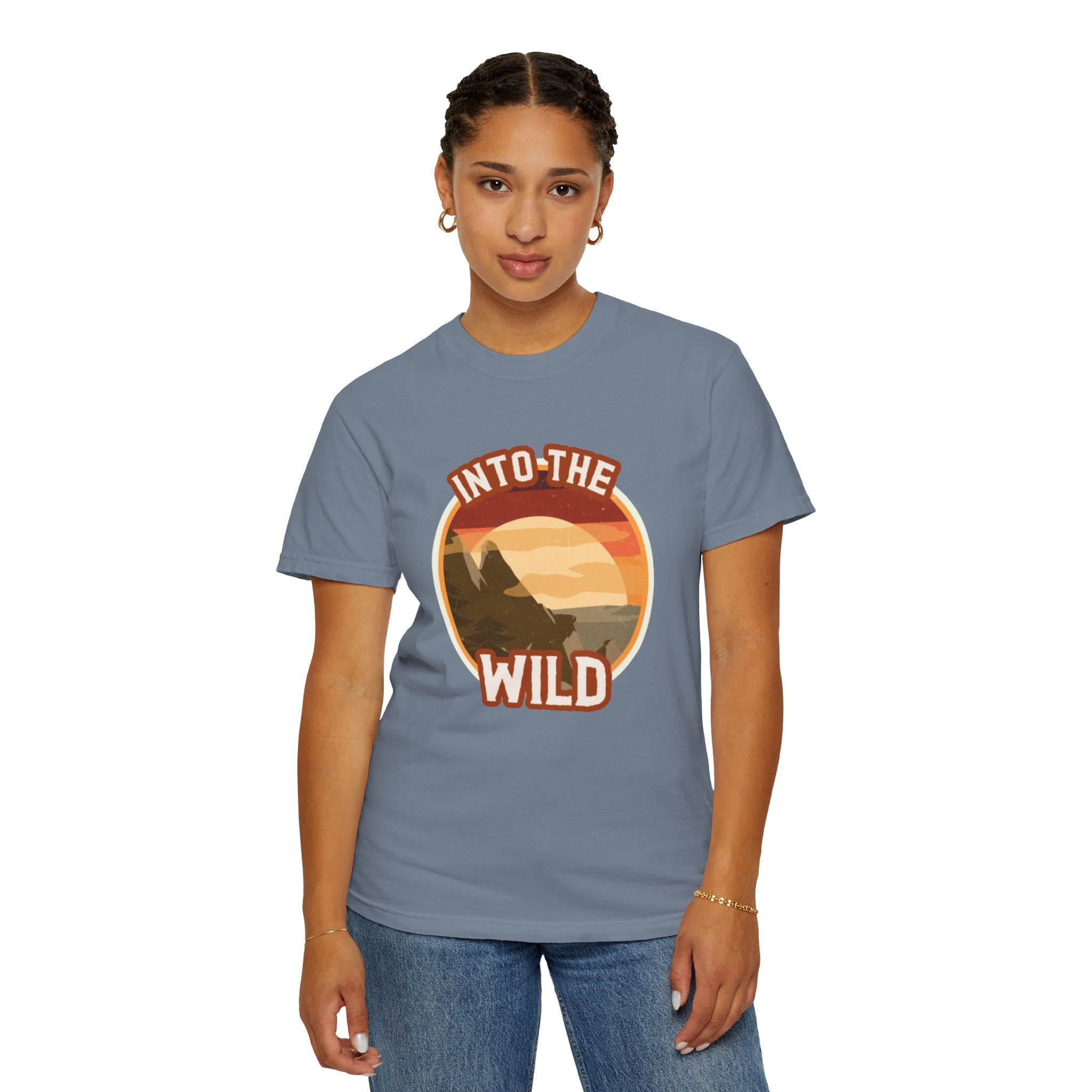 Into The Wild T-Shirt — Retro Sunset Mountain Adventure Tee