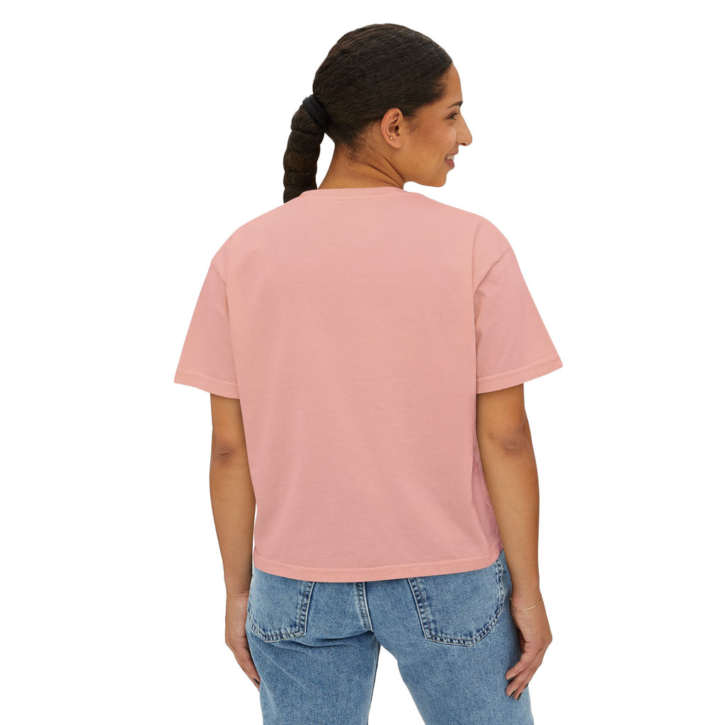 Floral Bouquet Women's Boxy Tee — Cropped White T-Shirt with Pink Rose Design
