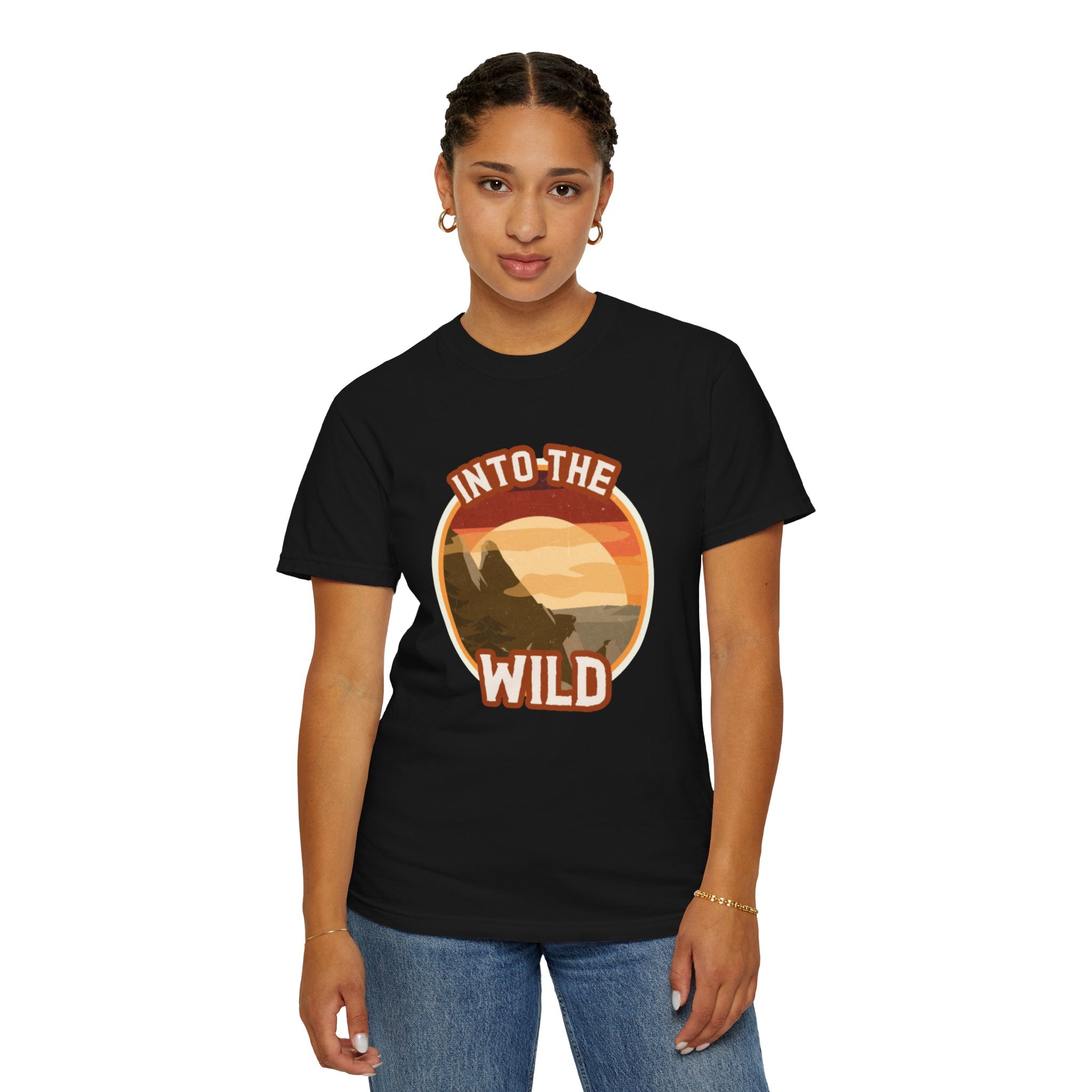 Into The Wild T-Shirt — Retro Sunset Mountain Adventure Tee