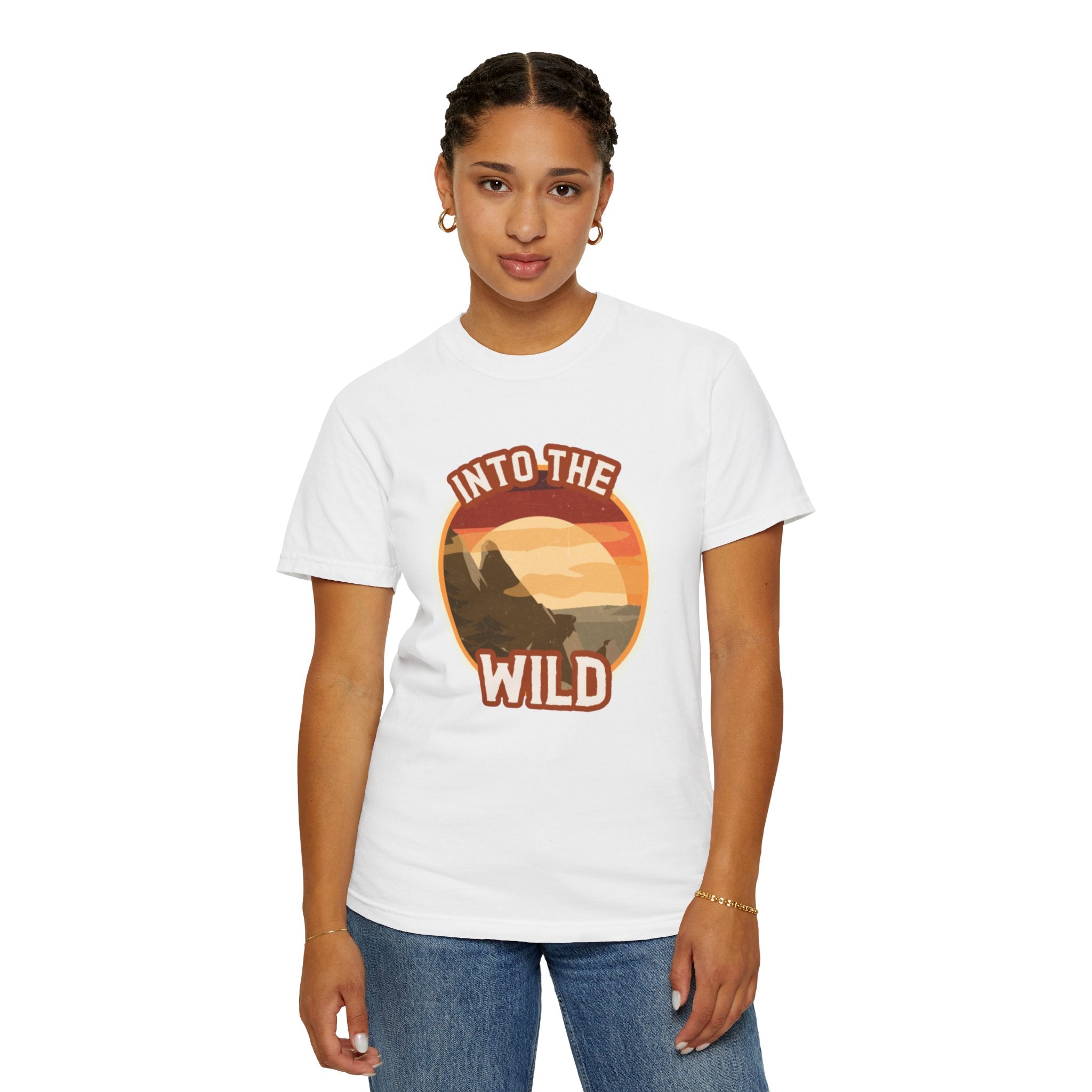 Into The Wild T-Shirt — Retro Sunset Mountain Adventure Tee
