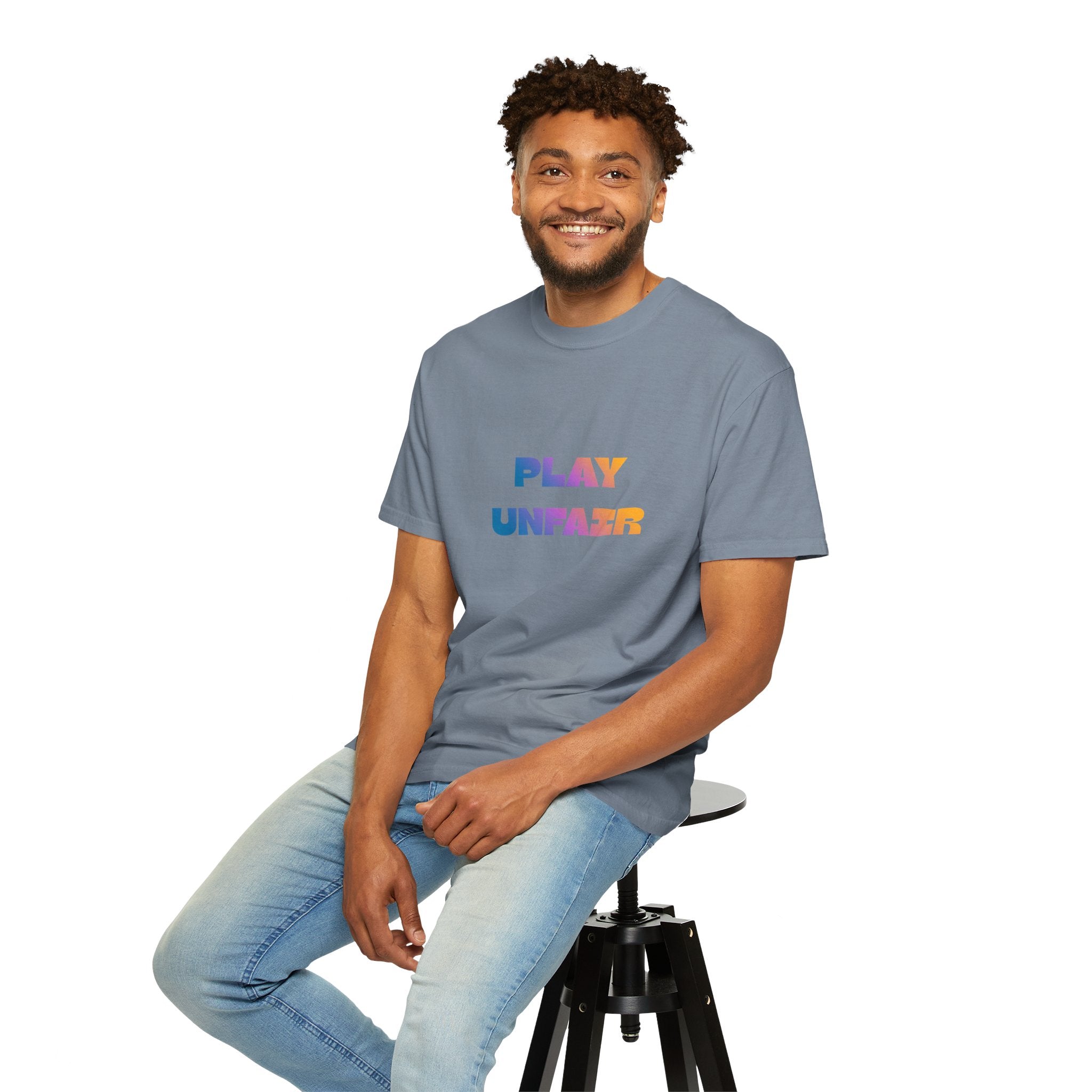 Play Unfair T-Shirt — Bold Rainbow Typography Tee