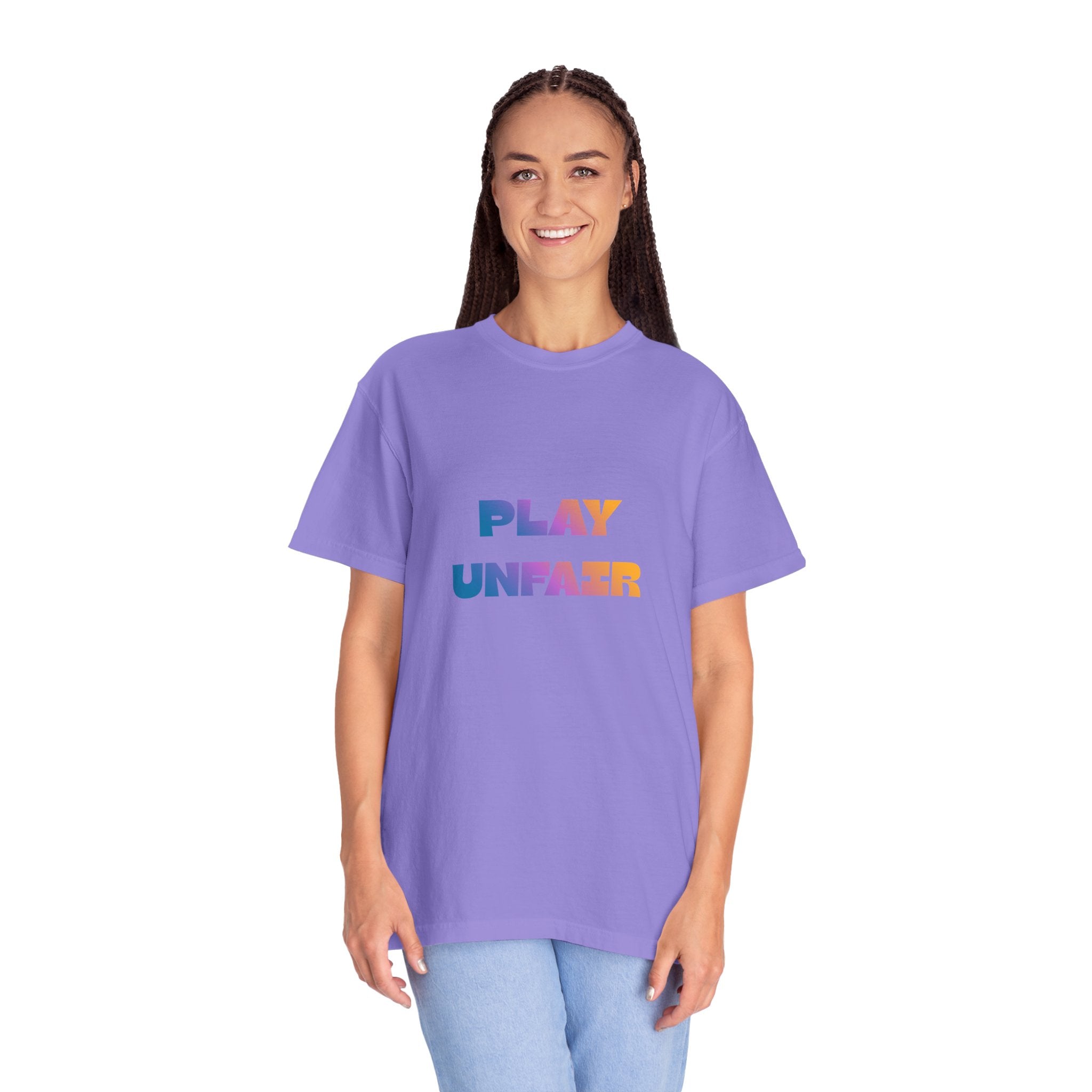 Play Unfair T-Shirt — Bold Rainbow Typography Tee