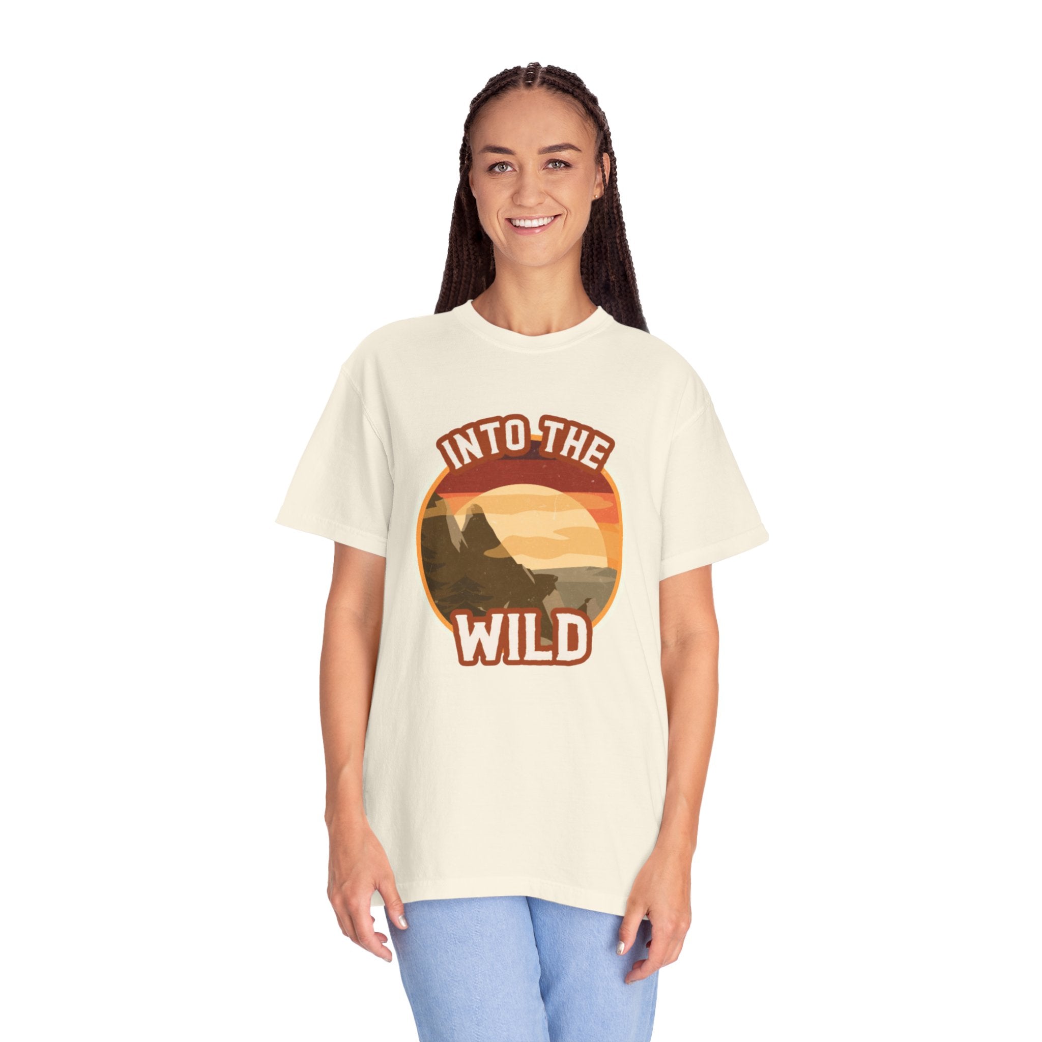 Into The Wild T-Shirt — Retro Sunset Mountain Adventure Tee
