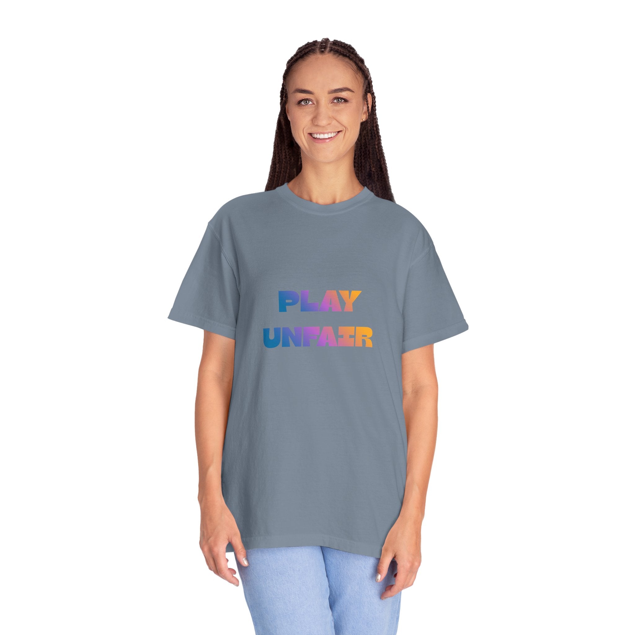 Play Unfair T-Shirt — Bold Rainbow Typography Tee