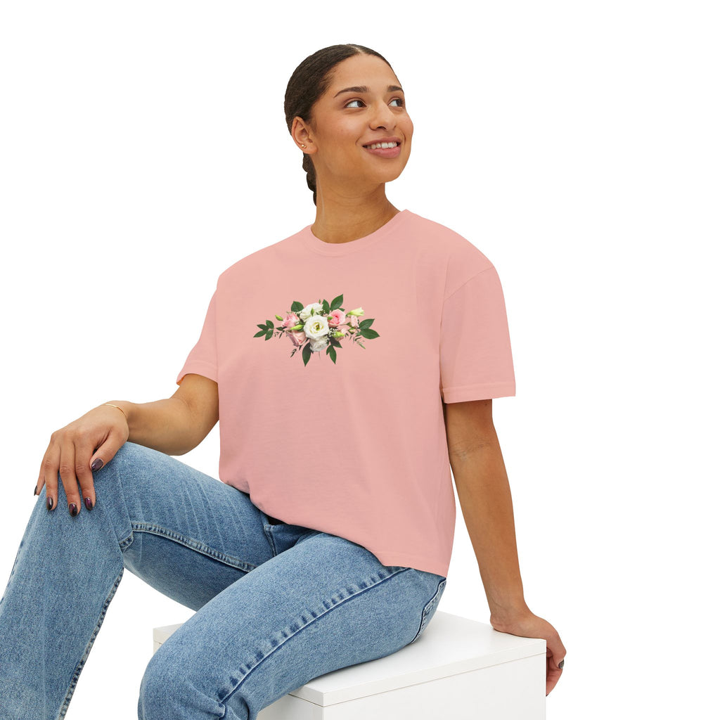 Floral Bouquet Women's Boxy Tee — Cropped White T-Shirt with Pink Rose Design
