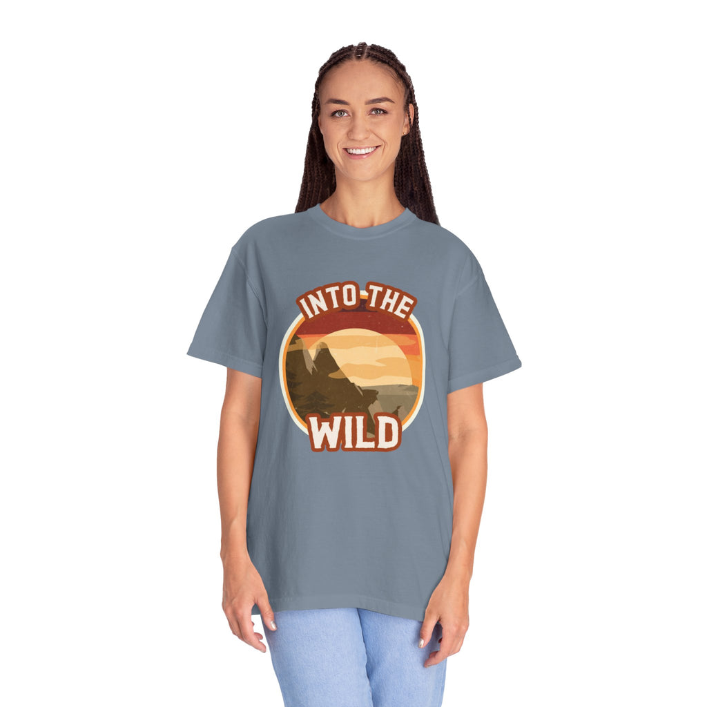Into The Wild T-Shirt — Retro Sunset Mountain Adventure Tee