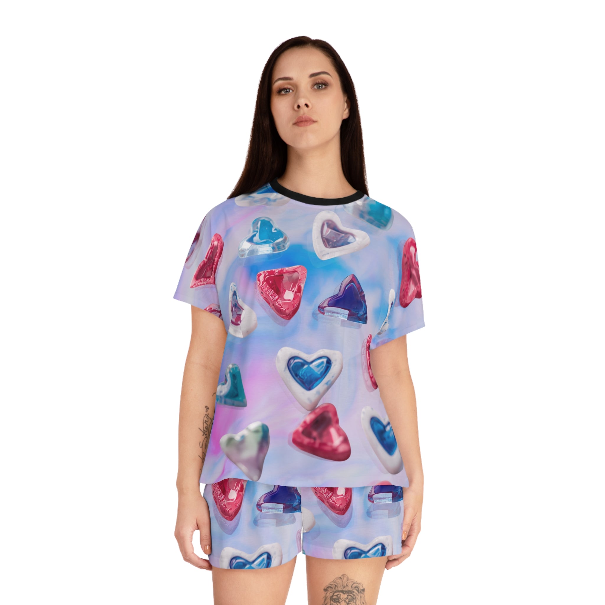 Women’s Heart Print Short Pajama Set — Pink & Blue All-Over Sleepwear