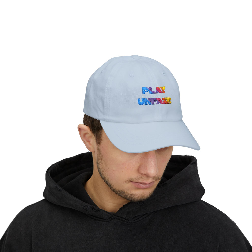 Boys and Girls Ladies and Gents "Play Unfair" Colorful Glitter Text Embroidered Baseball Hat