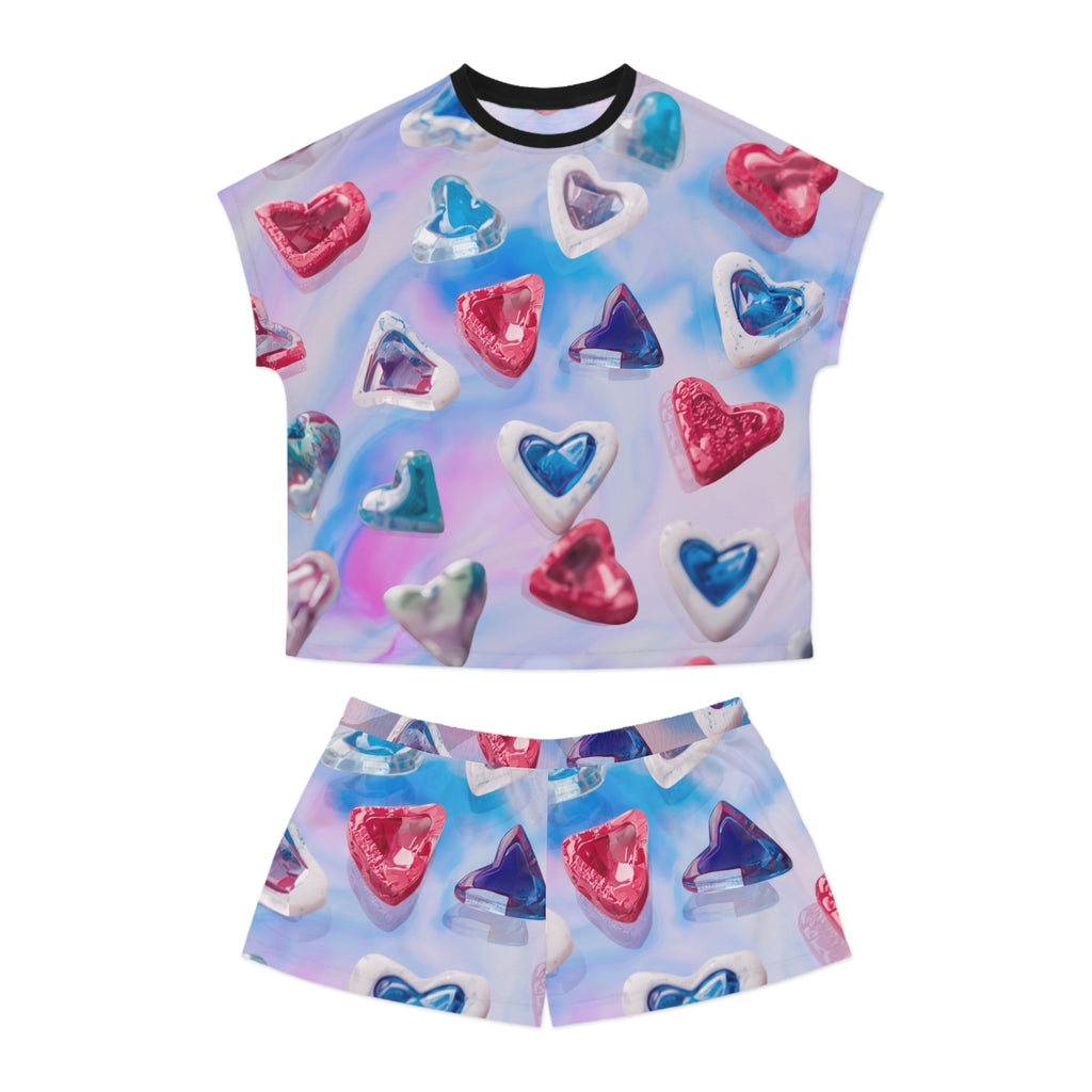 Women’s Heart Print Short Pajama Set — Pink & Blue All-Over Sleepwear