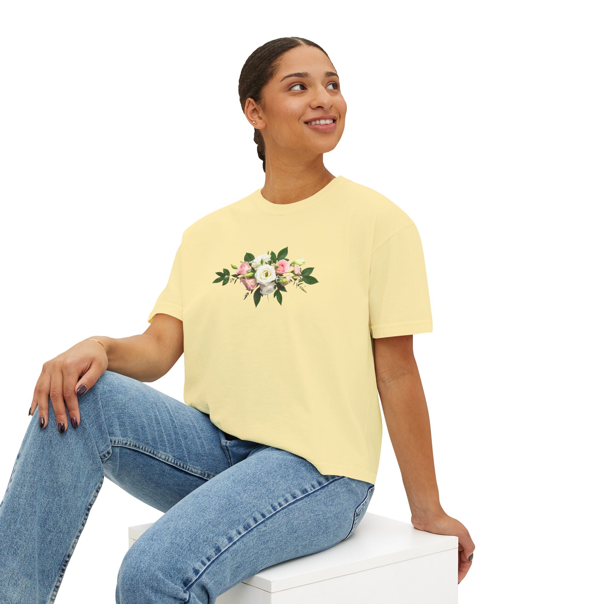 Floral Bouquet Women's Boxy Tee — Cropped White T-Shirt with Pink Rose Design