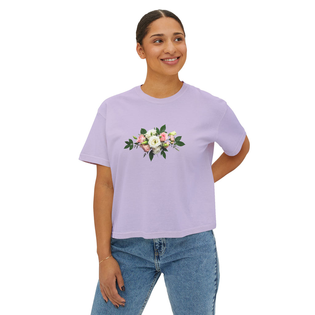 Floral Bouquet Women's Boxy Tee — Cropped White T-Shirt with Pink Rose Design