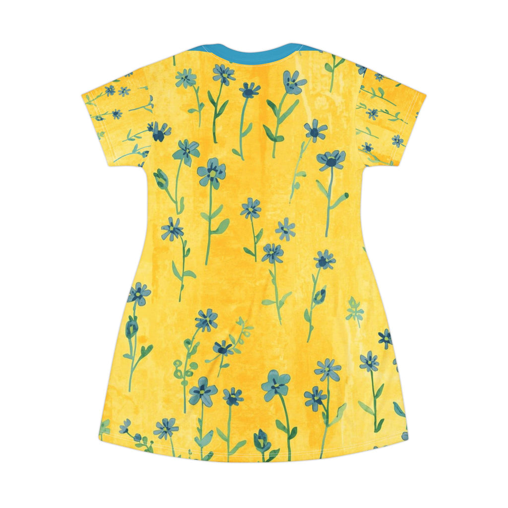 Floral Sunburst T‑Shirt Dress — Yellow Blue Wildflower Print