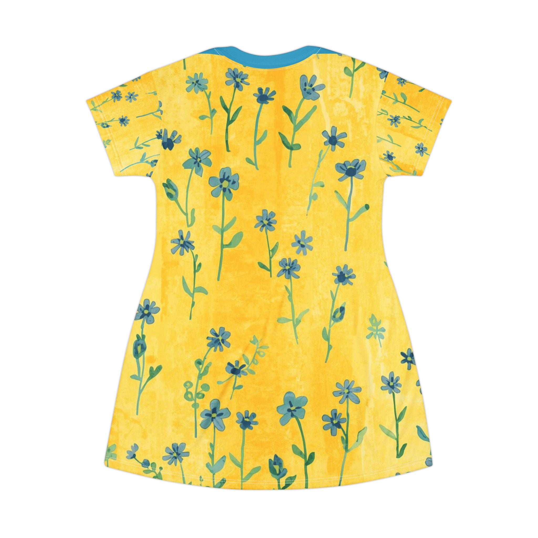 Floral Sunburst T‑Shirt Dress — Yellow Blue Wildflower Print