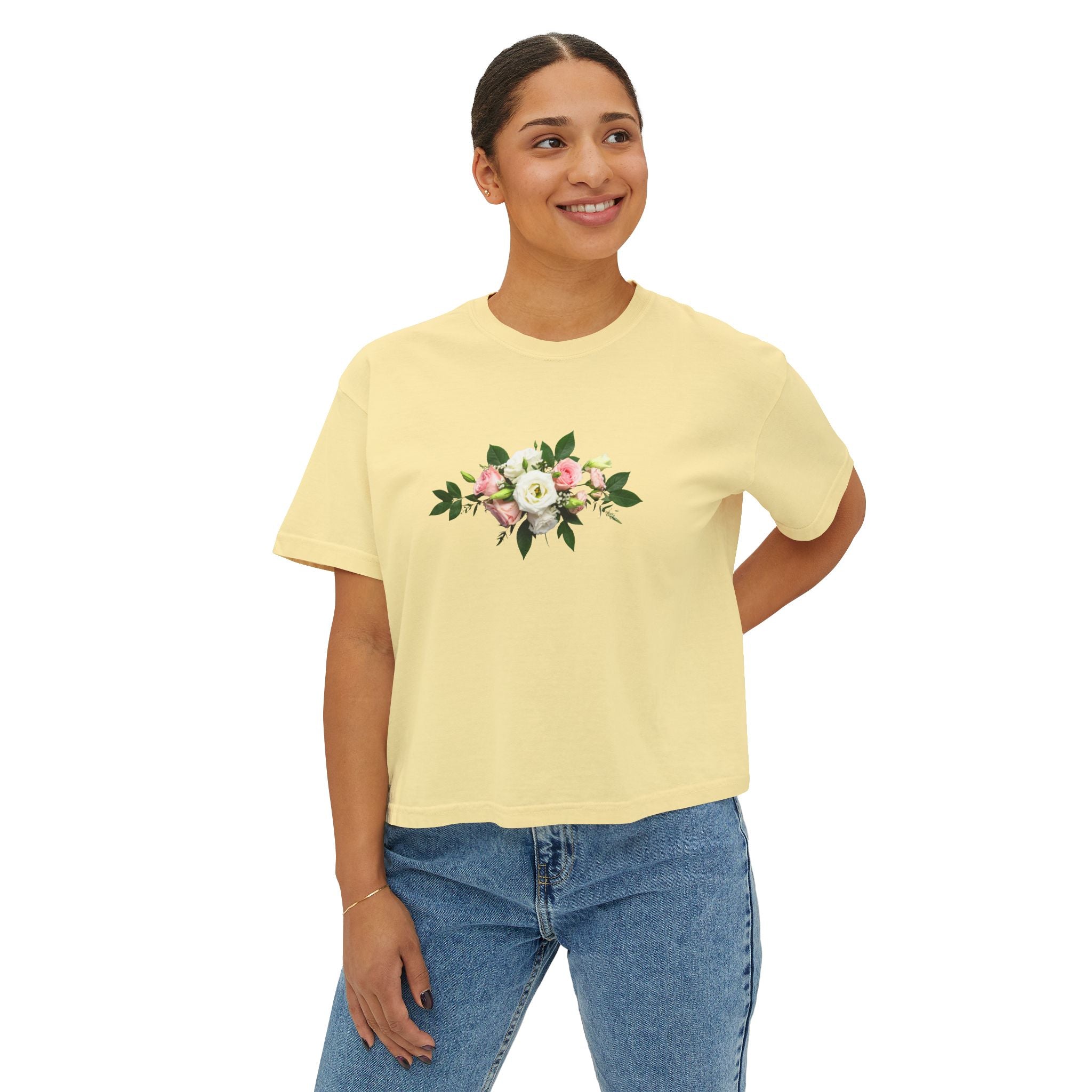 Floral Bouquet Women's Boxy Tee — Cropped White T-Shirt with Pink Rose Design
