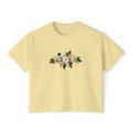 Floral Bouquet Women's Boxy Tee — Cropped White T-Shirt with Pink Rose Design