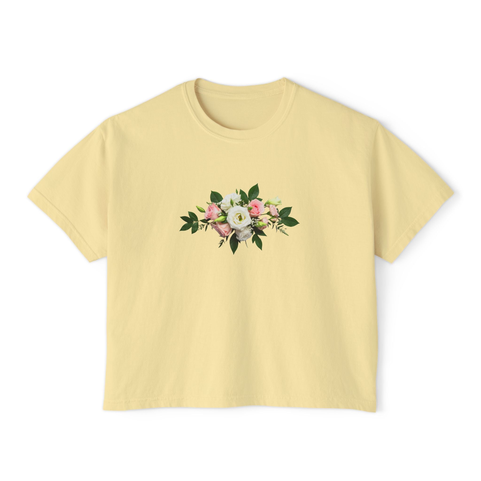 Floral Bouquet Women's Boxy Tee — Cropped White T-Shirt with Pink Rose Design