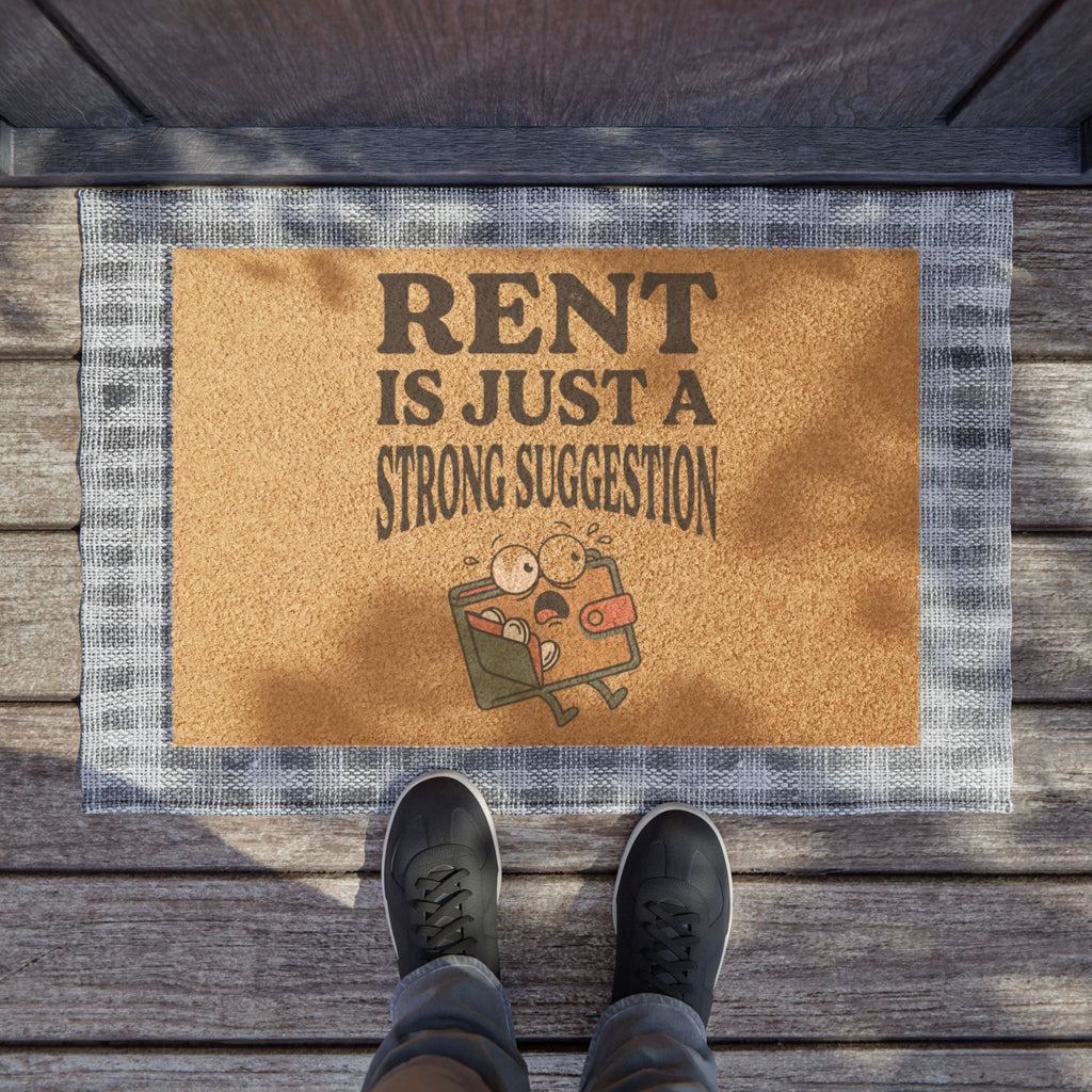 Doormat — "Rent Is Just a Strong Suggestion" Funny Welcome Mat with Cartoon Suitcase
