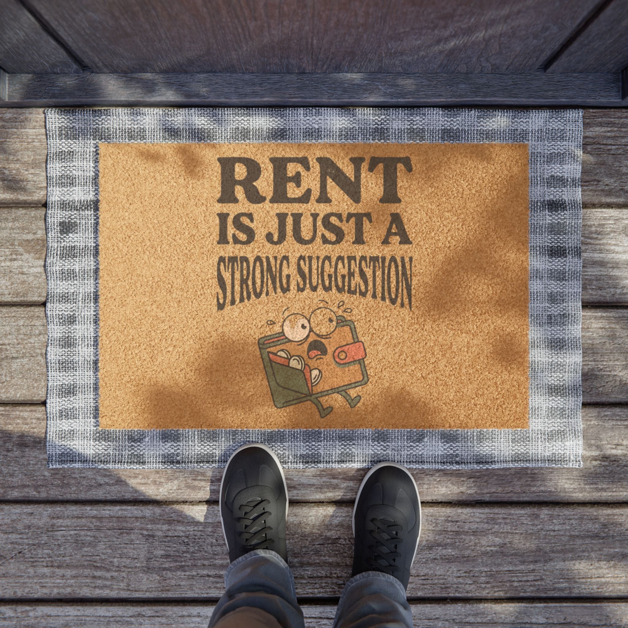 Doormat — "Rent Is Just a Strong Suggestion" Funny Welcome Mat with Cartoon Suitcase