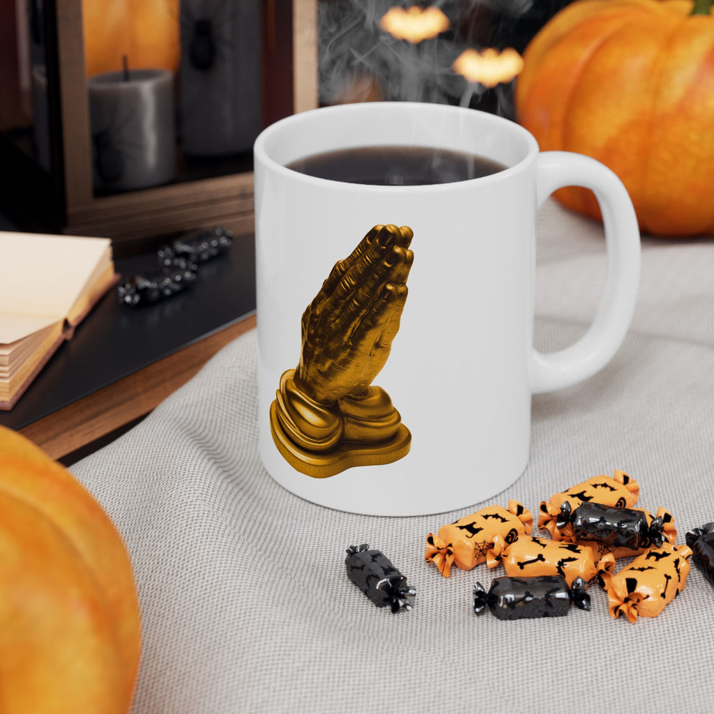 Praying Hands — Golden Meditation Statue Coffee Cup (11oz)