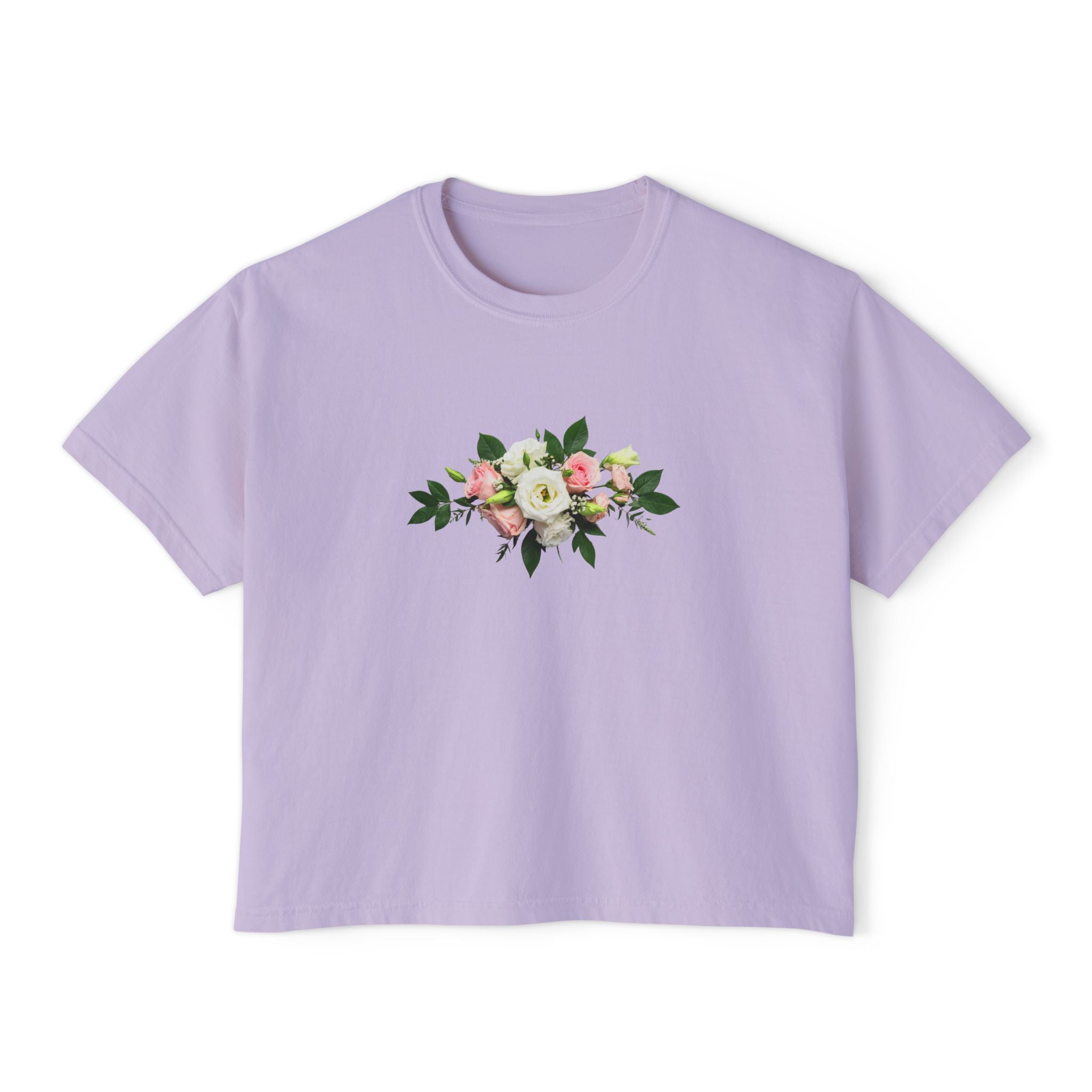 Floral Bouquet Women's Boxy Tee — Cropped White T-Shirt with Pink Rose Design
