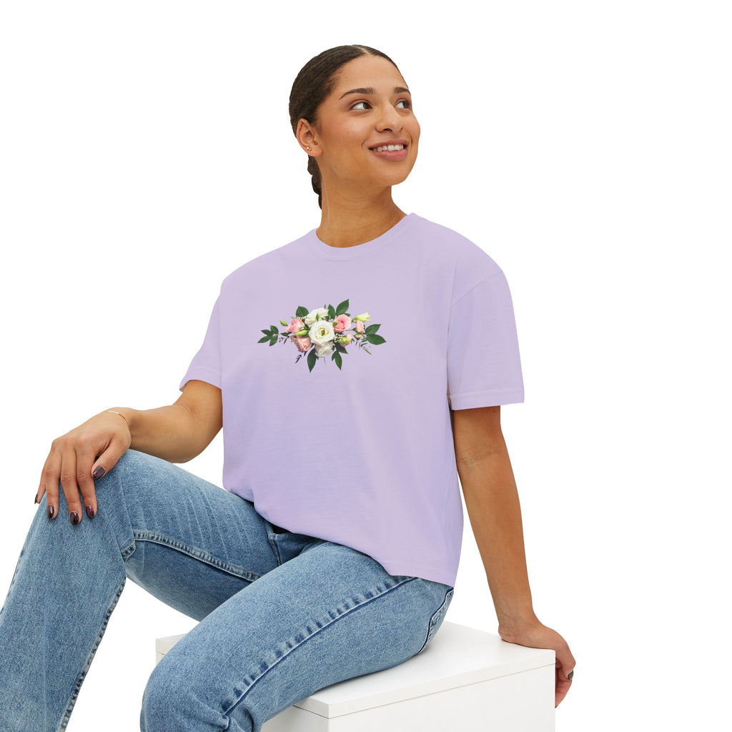 Floral Bouquet Women's Boxy Tee — Cropped White T-Shirt with Pink Rose Design