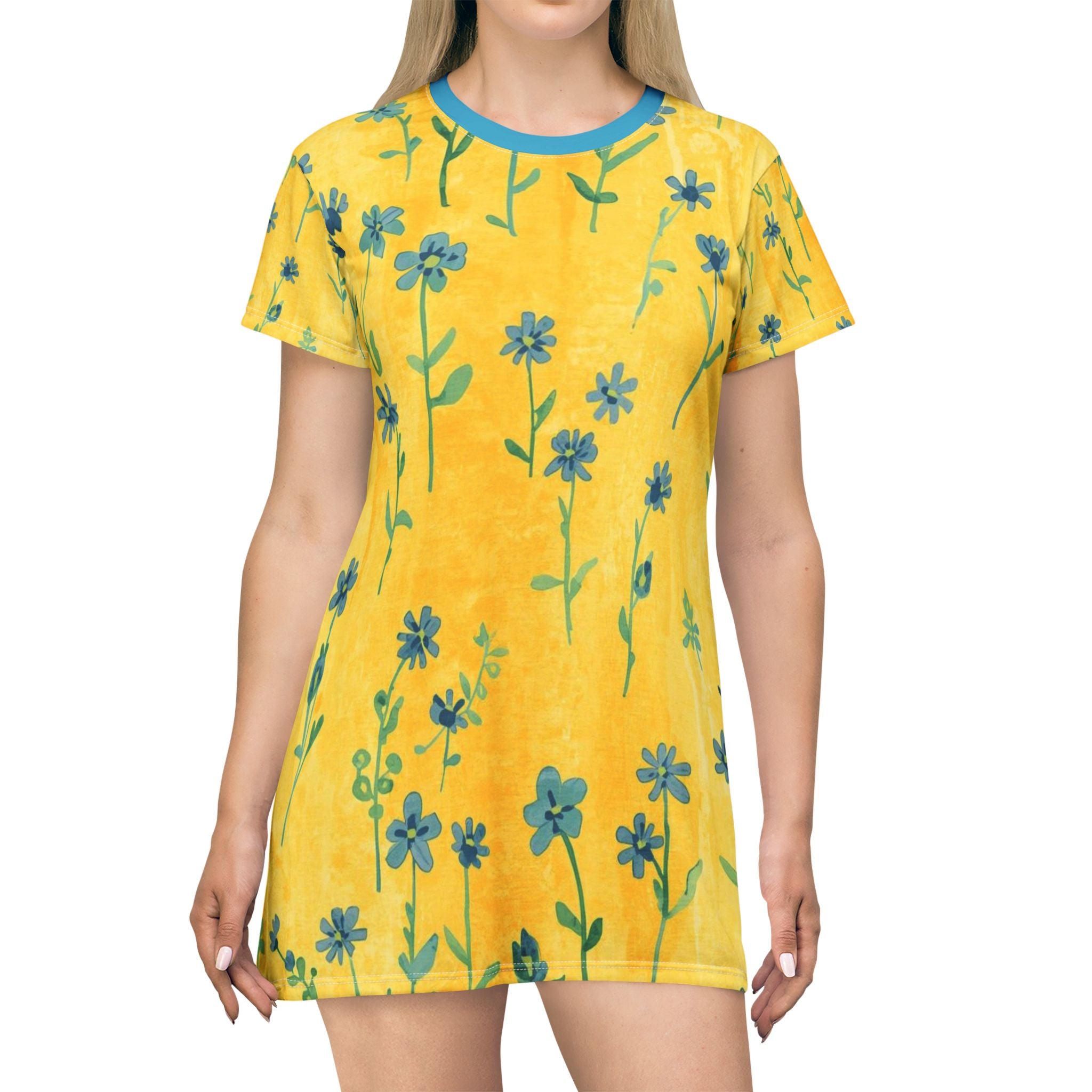 Floral Sunburst T‑Shirt Dress — Yellow Blue Wildflower Print