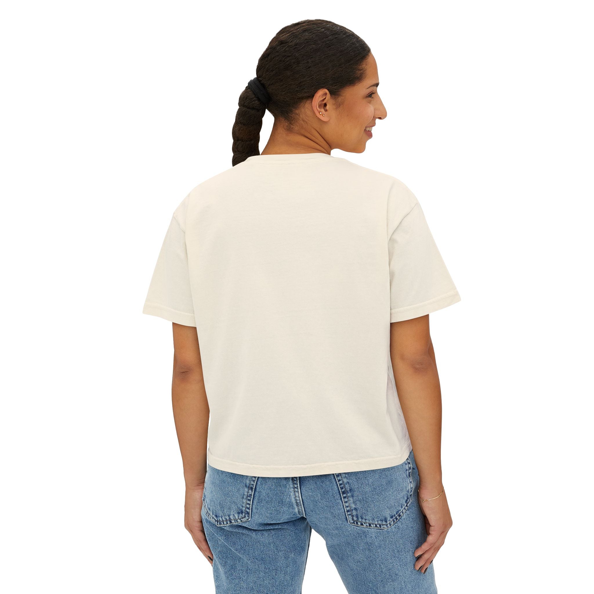 Floral Bouquet Women's Boxy Tee — Cropped White T-Shirt with Pink Rose Design
