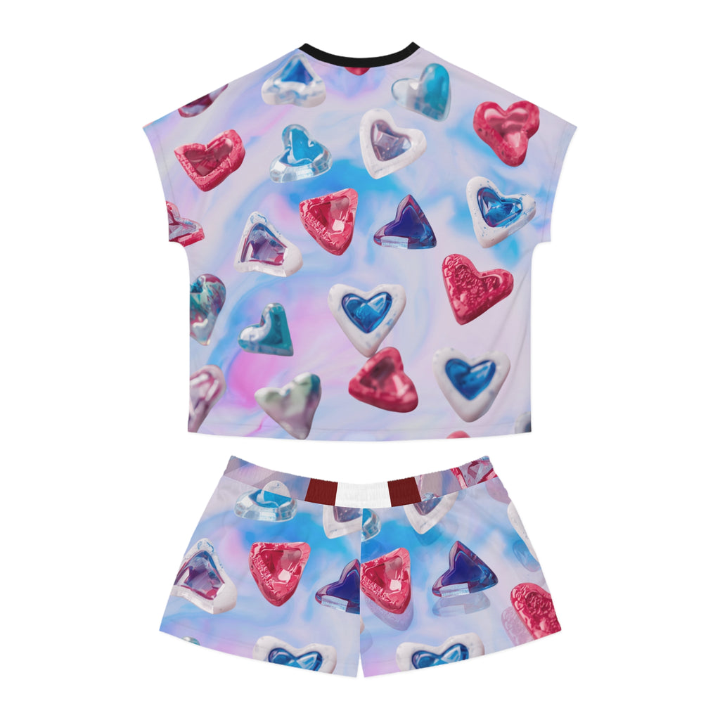Women’s Heart Print Short Pajama Set — Pink & Blue All-Over Sleepwear