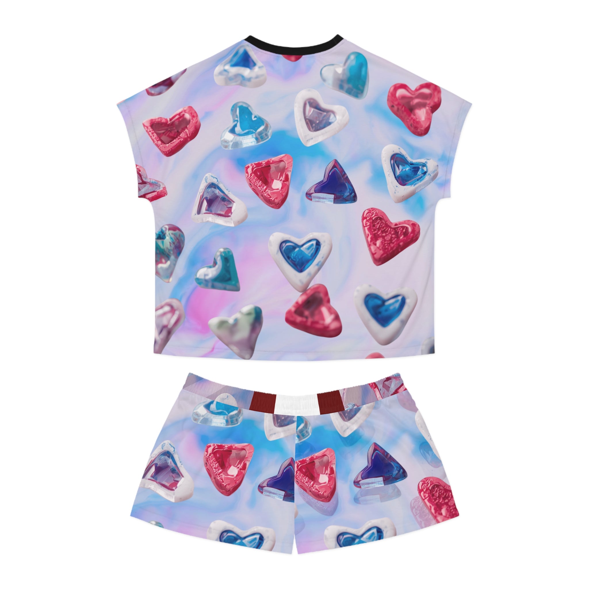 Women’s Heart Print Short Pajama Set — Pink & Blue All-Over Sleepwear