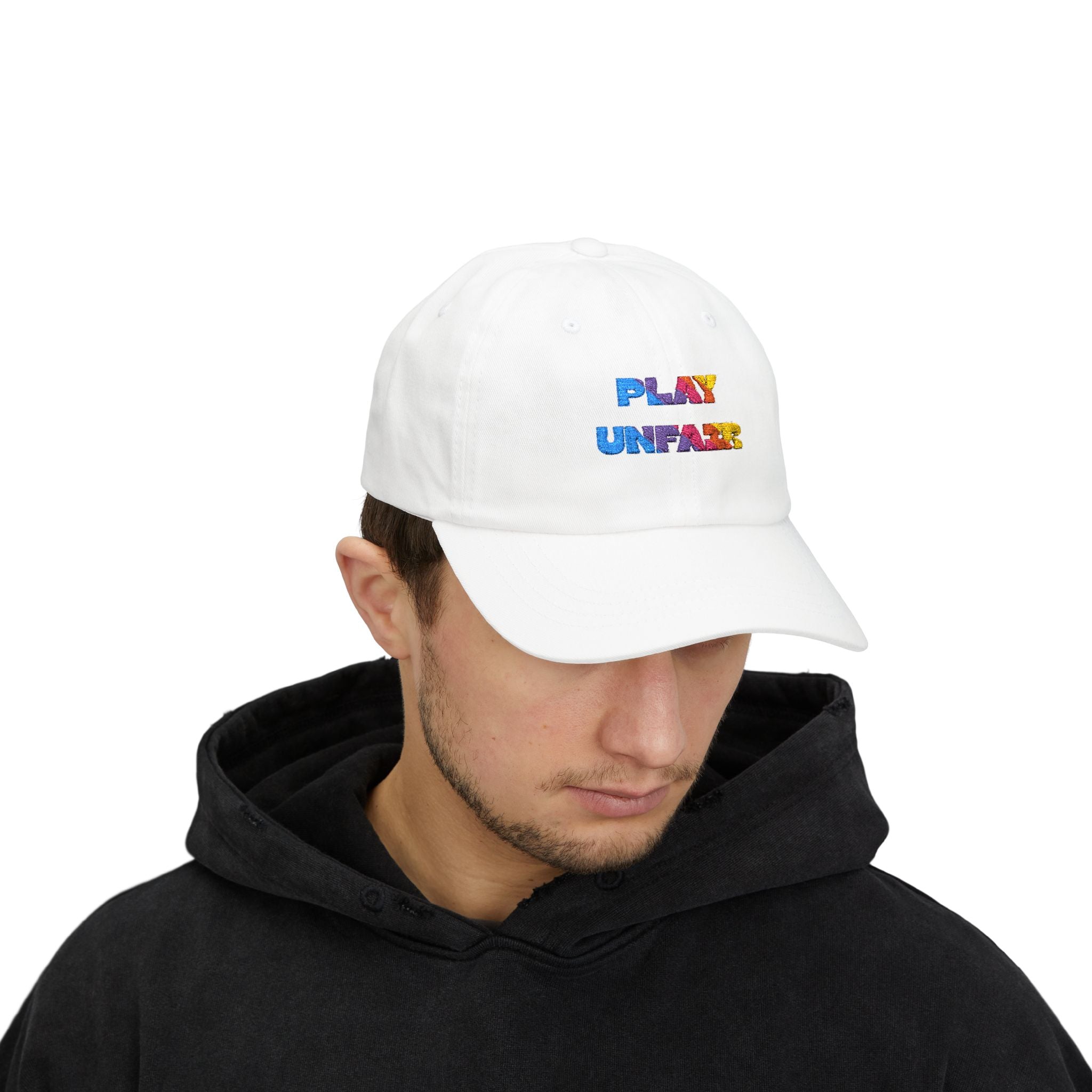 Boys and Girls Ladies and Gents "Play Unfair" Colorful Glitter Text Embroidered Baseball Hat