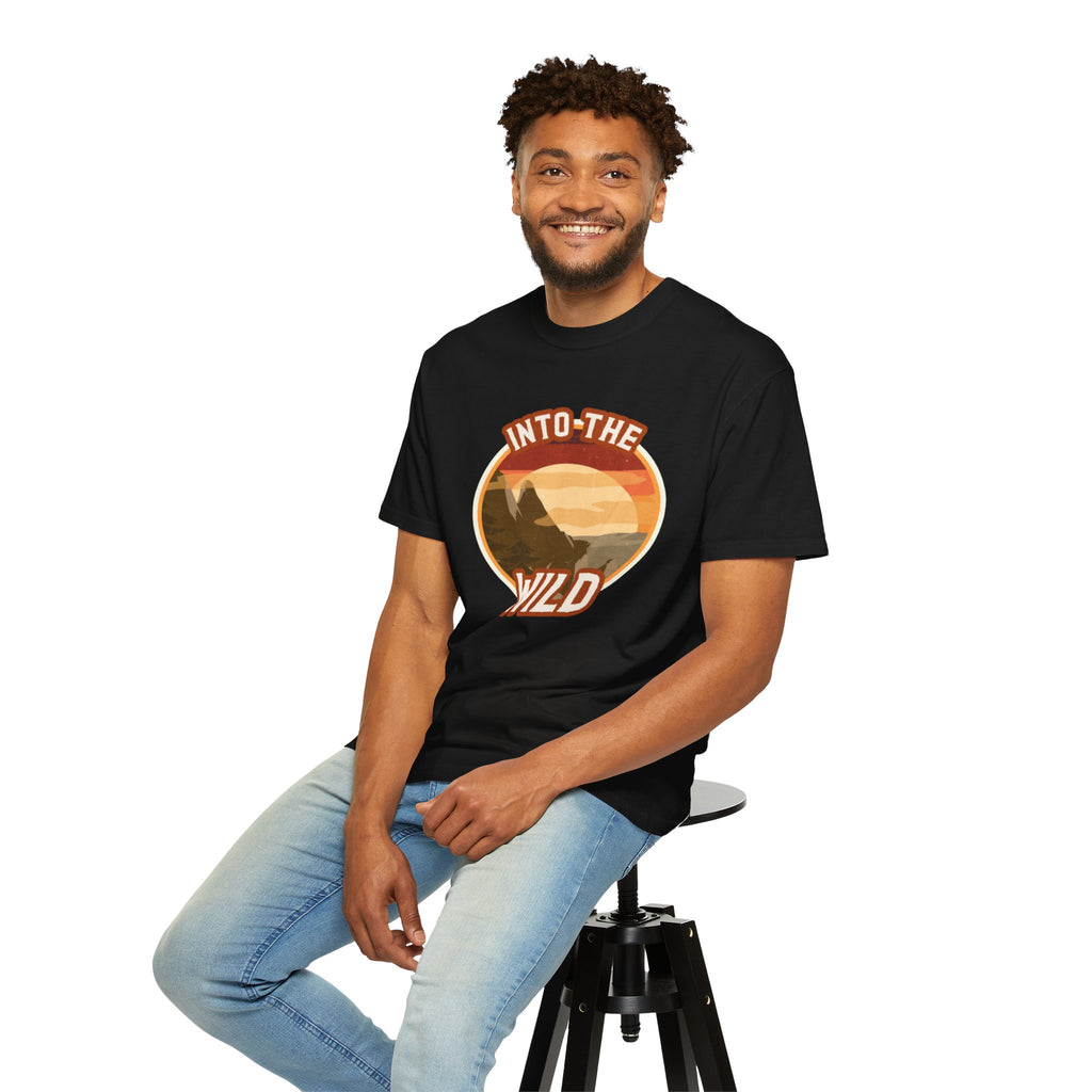 Into The Wild T-Shirt — Retro Sunset Mountain Adventure Tee