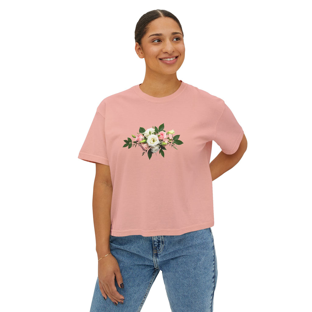 Floral Bouquet Women's Boxy Tee — Cropped White T-Shirt with Pink Rose Design