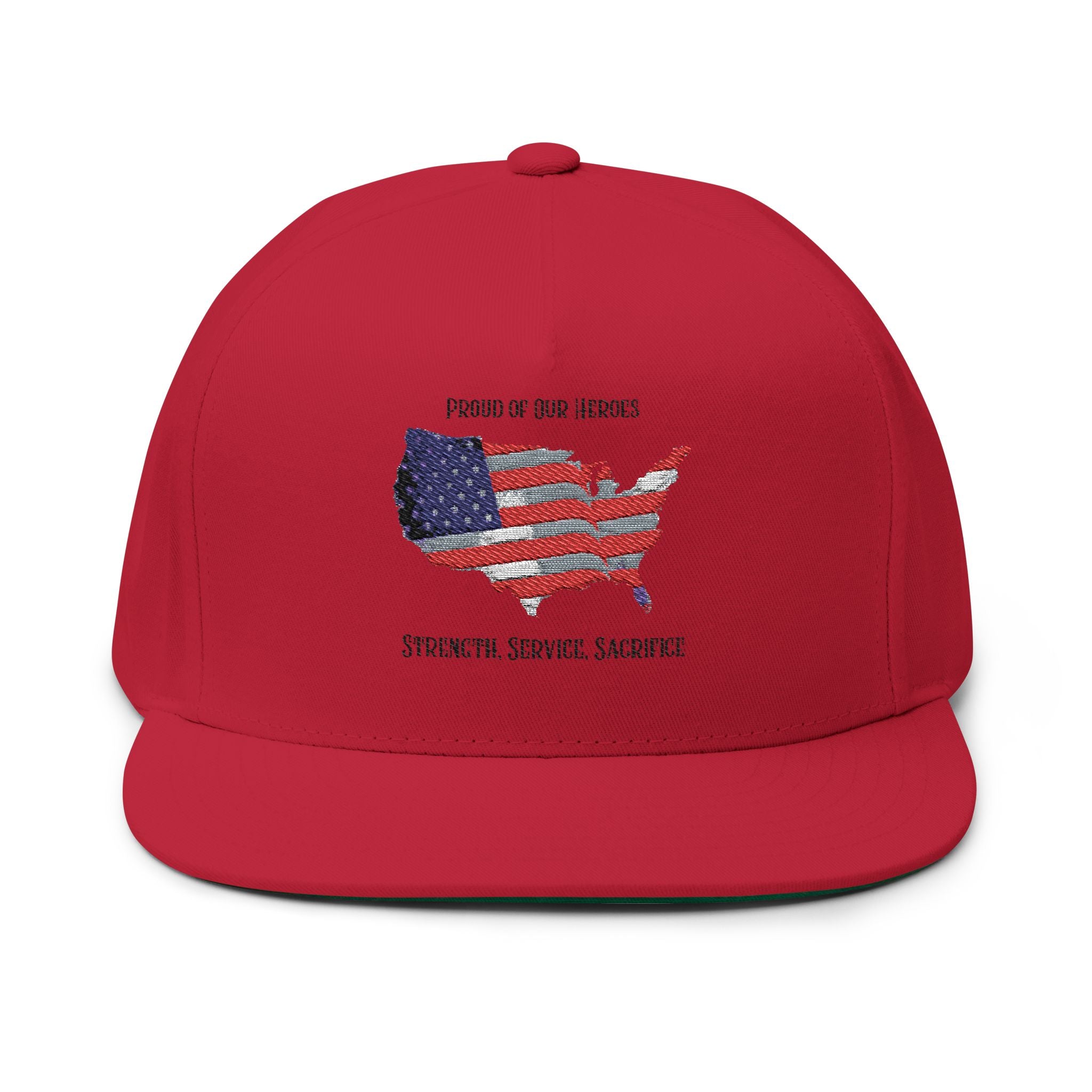 Embroidered USA Flag Map Flat Bill Cap — Strength Service Sacrifice