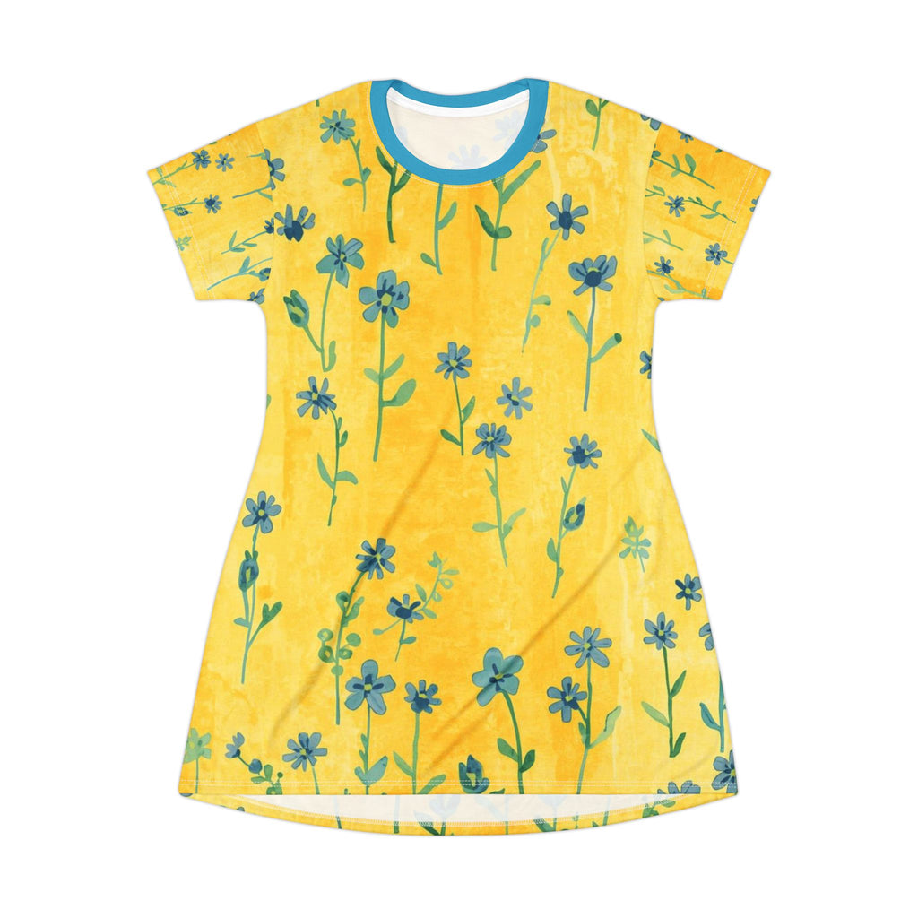 Floral Sunburst T‑Shirt Dress — Yellow Blue Wildflower Print