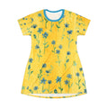 Floral Sunburst T‑Shirt Dress — Yellow Blue Wildflower Print