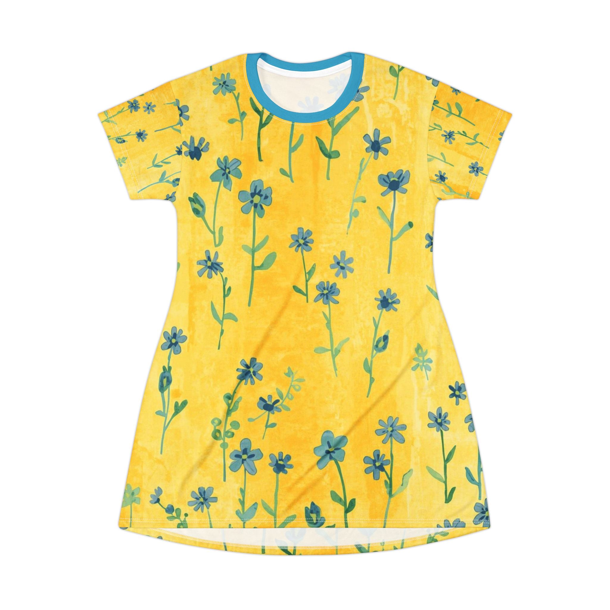 Floral Sunburst T‑Shirt Dress — Yellow Blue Wildflower Print