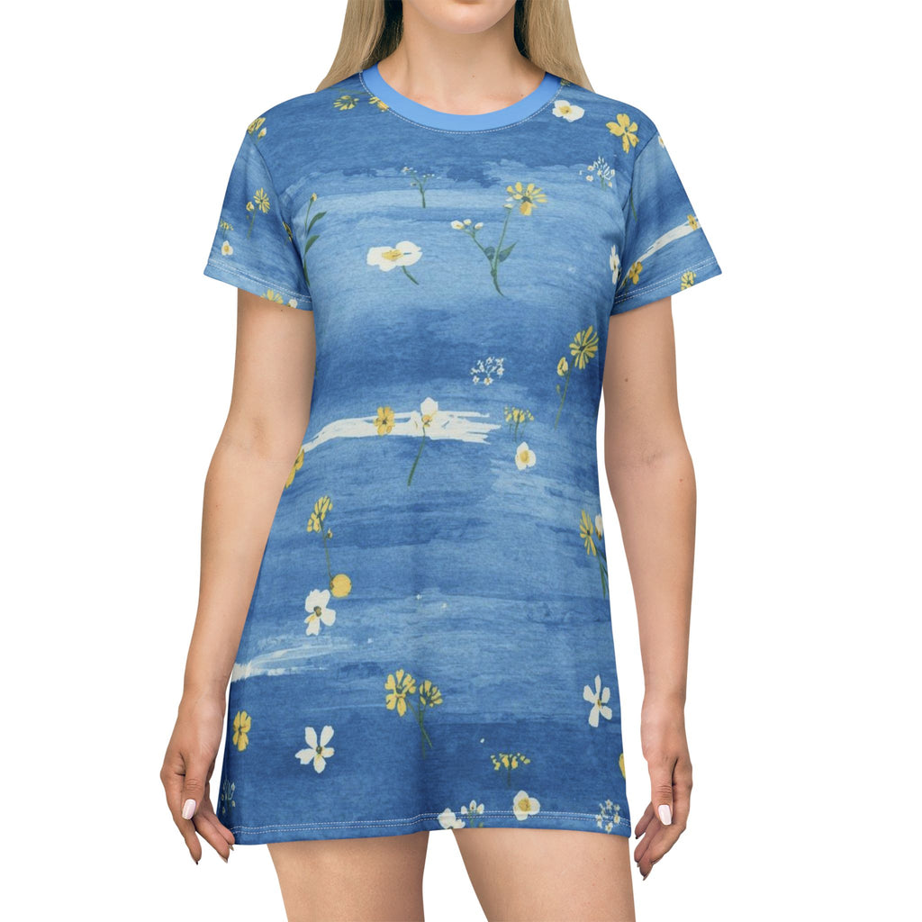 Blue Floral T-Shirt Dress — Watercolor Daisy All-Over Print, Casual Summer Dress