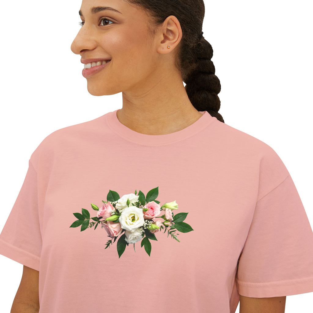 Floral Bouquet Women's Boxy Tee — Cropped White T-Shirt with Pink Rose Design