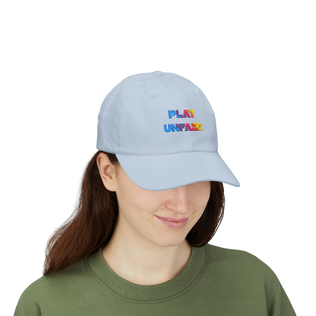 Boys and Girls Ladies and Gents "Play Unfair" Colorful Glitter Text Embroidered Baseball Hat