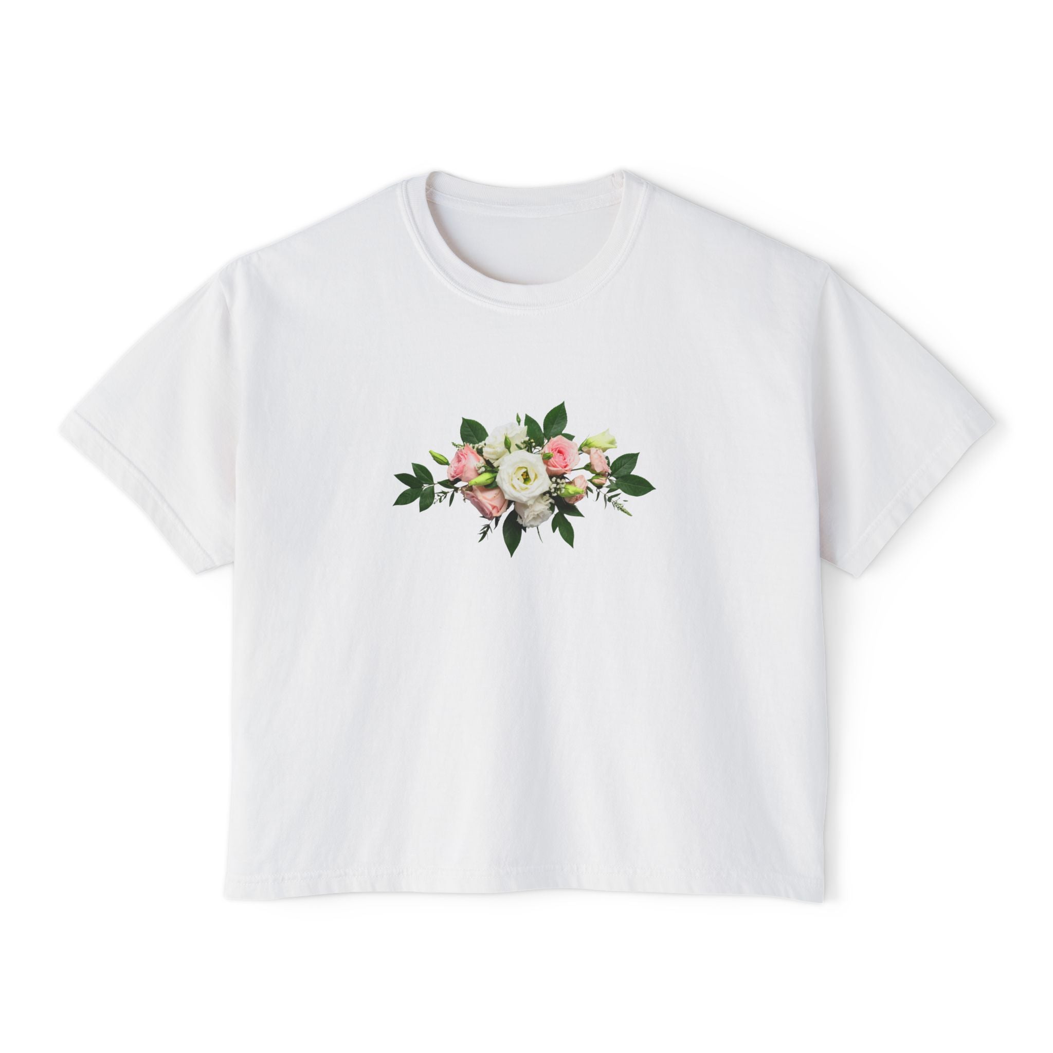 Floral Bouquet Women's Boxy Tee — Cropped White T-Shirt with Pink Rose Design