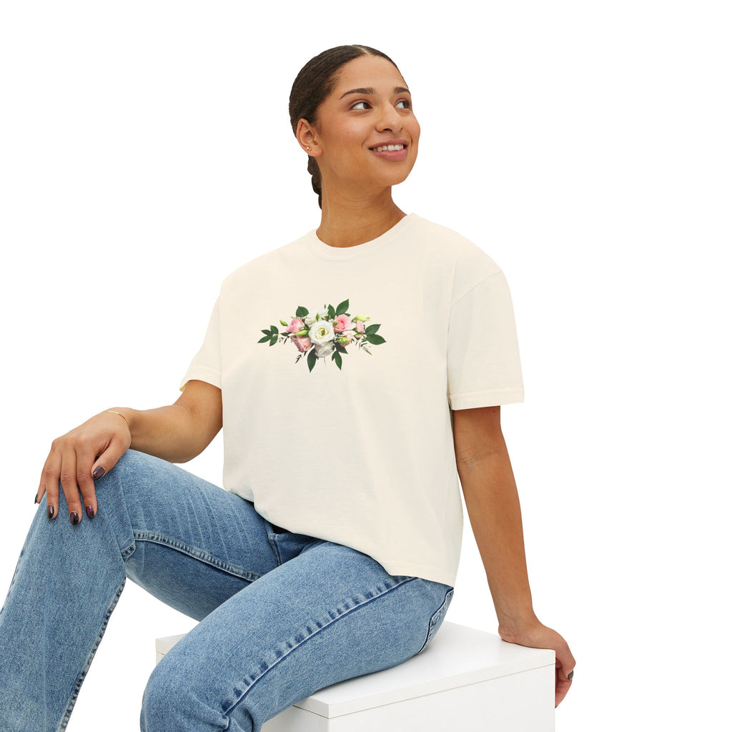 Floral Bouquet Women's Boxy Tee — Cropped White T-Shirt with Pink Rose Design