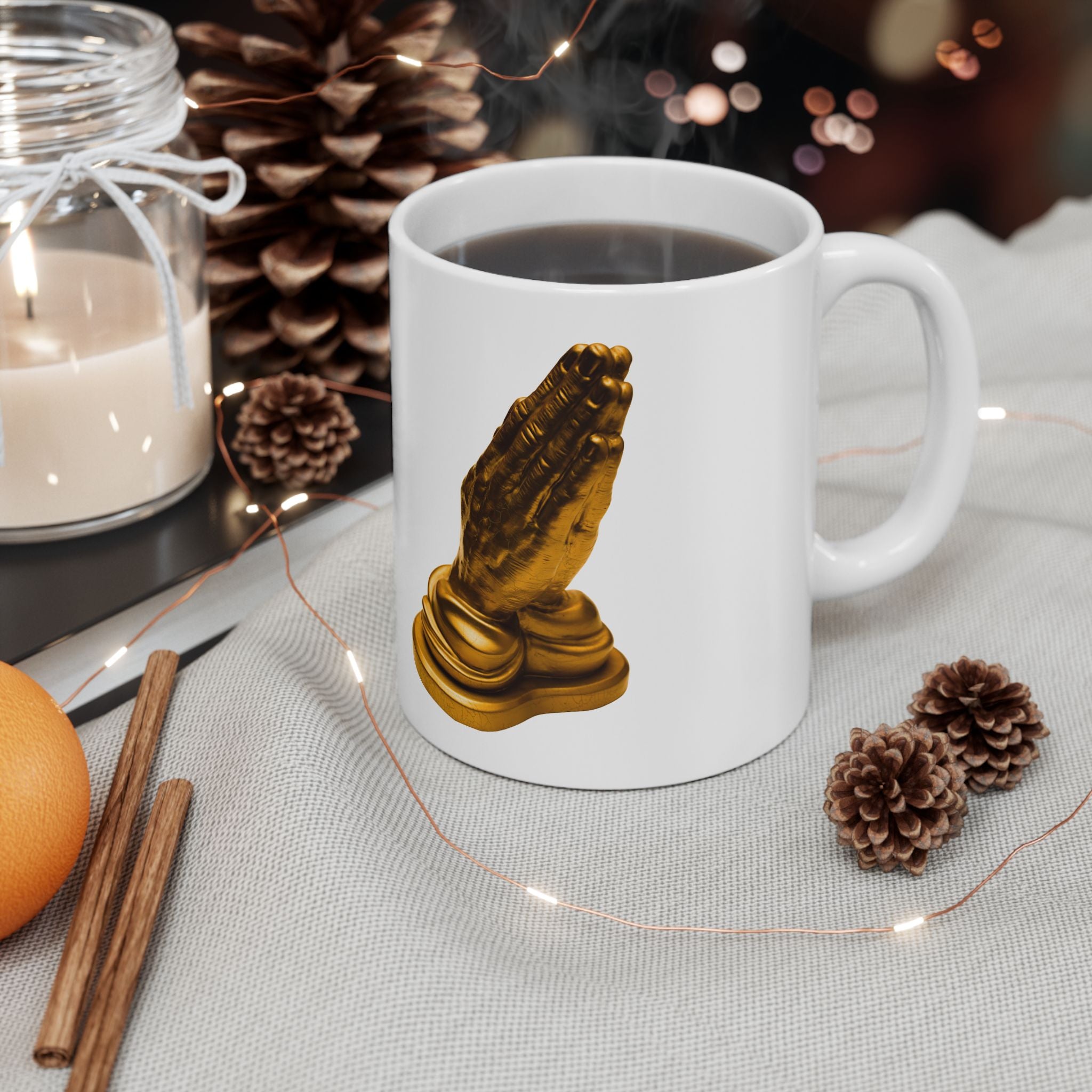 Praying Hands — Golden Meditation Statue Coffee Cup (11oz)