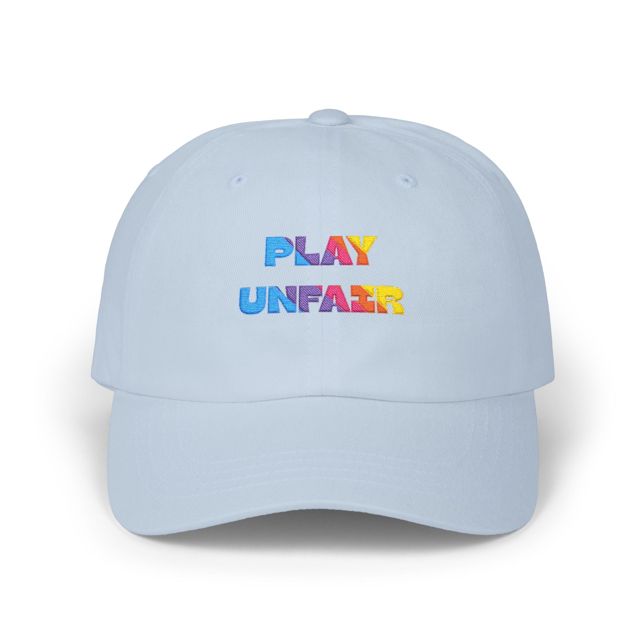 Boys and Girls Ladies and Gents "Play Unfair" Colorful Glitter Text Embroidered Baseball Hat