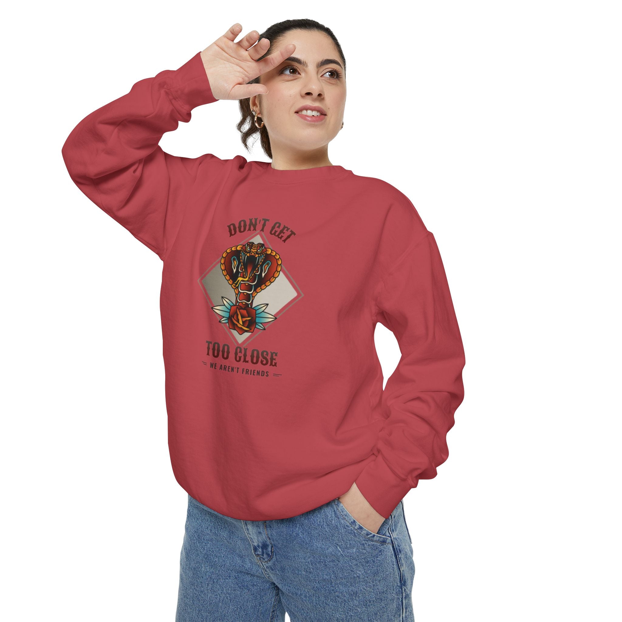 Sweatshirt — "Don't Get Too Close" Retro Cobra Graphic